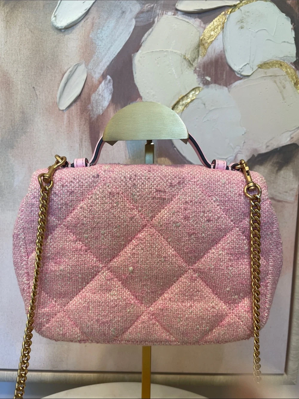 Tory Burch Quilted Tweed Mini Top Handle with Crossbody in Pink